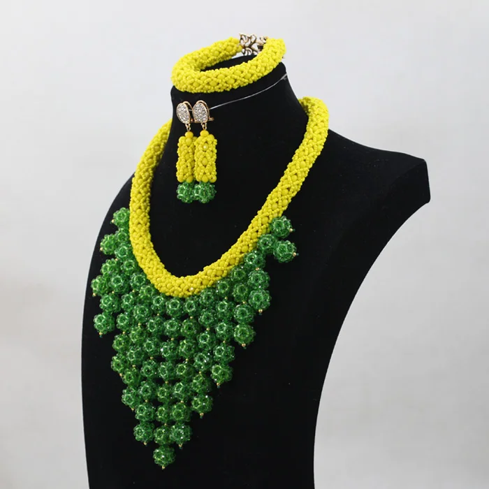 Fashion Birthday Gift  Yellow and Green Chunky Bib Crystal Jewelry Set Nigerian African Jewelry Set Free ShippingABH208