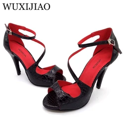 WUXIJIAO-zapatos de baile latino de PU con textura de cocodrilo para mujer, sandalias de tacón alto, zapatos de rendimiento para fiesta de Salsa, rojo y negro, 2018