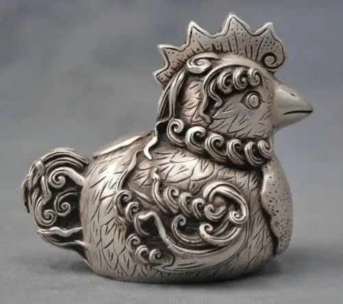 

5'' Exquisite Chinese White Copper Feng Shui Zodiac Chicken Auspicious Statue