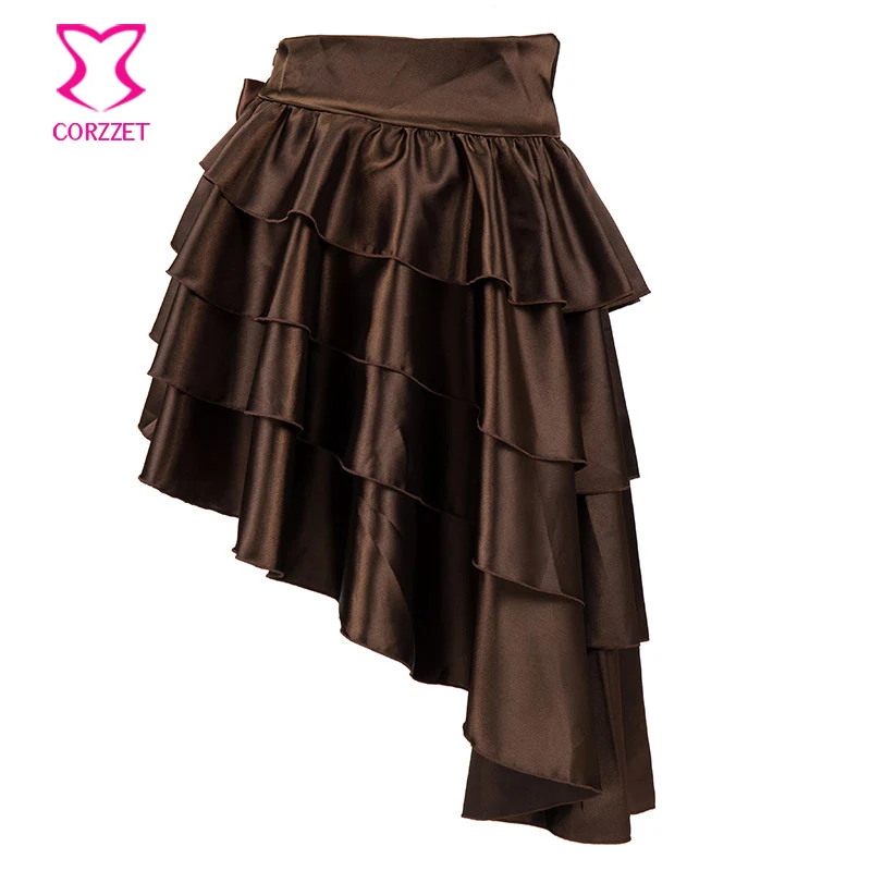 Gonne per le donne brown asymmetical multistrato raso gotico vittoriano vintage steampunk gonna corsetto partita sexy ruffle skirt