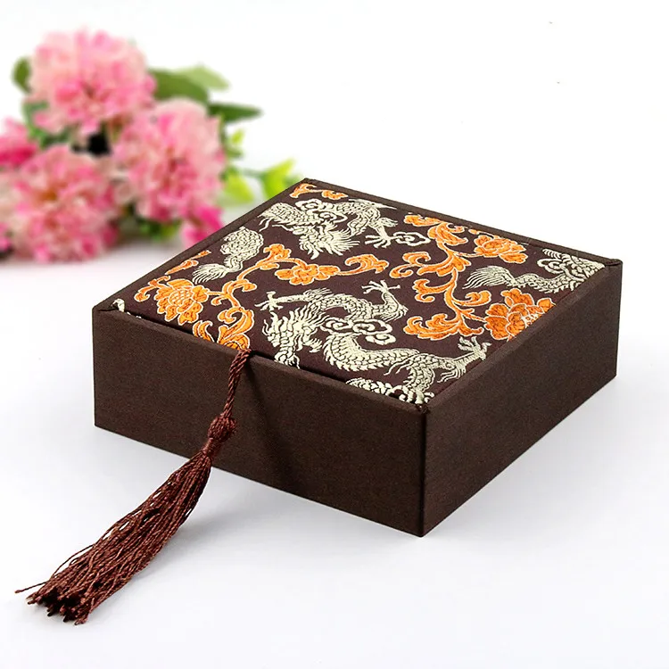 Tassel Square Chinese Silk Fabric Box Bangle Bracelet Gift Box Packaging Women Mens Jewelry Box Storage Case 12x12x4cm