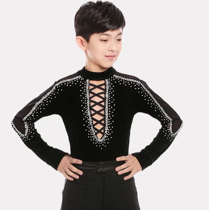 2018 Boys Turtleneck Rhinestone Ballroom/ Latin Dance Shirt Sexy Bandage Black Dance Tops Latin Performance Wear For Boys