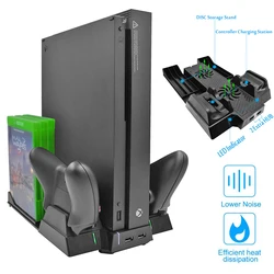 Vertical Cooling Stand Cooler Fan for Xbox One X , Controller Charger with 2 HUB Ports & Discs Storage Rack for Xboxone X