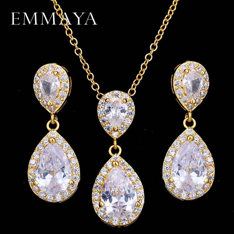 EMMAYA AAA Cz Stone Women Costume Jewelry Sets Big Water Drop Earrings Necklace Sets For Engagement Party Gift