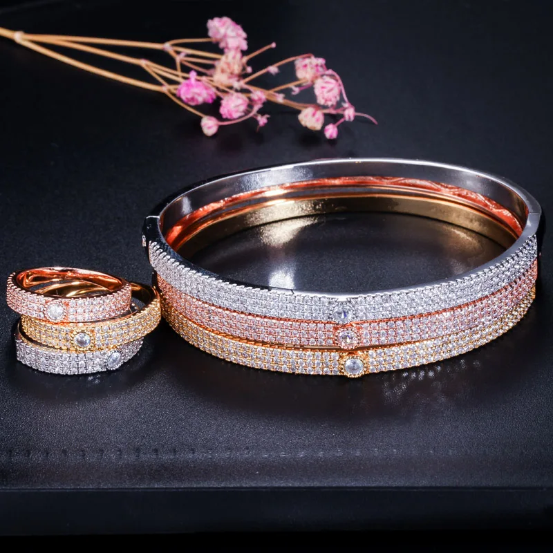 CWWZircons Luxury Round Bangle Ring Sets Fashion Dubai Gold and Silver Color Bridal Jewelry for Women Wedding Accessories T343