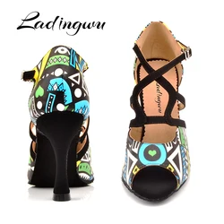 Ladingwu Brand Latin Dance Shoes Women Blue/Orange African texture Ballroom Dance Shoes For Lady Salsa Dance Shoes Black Suede