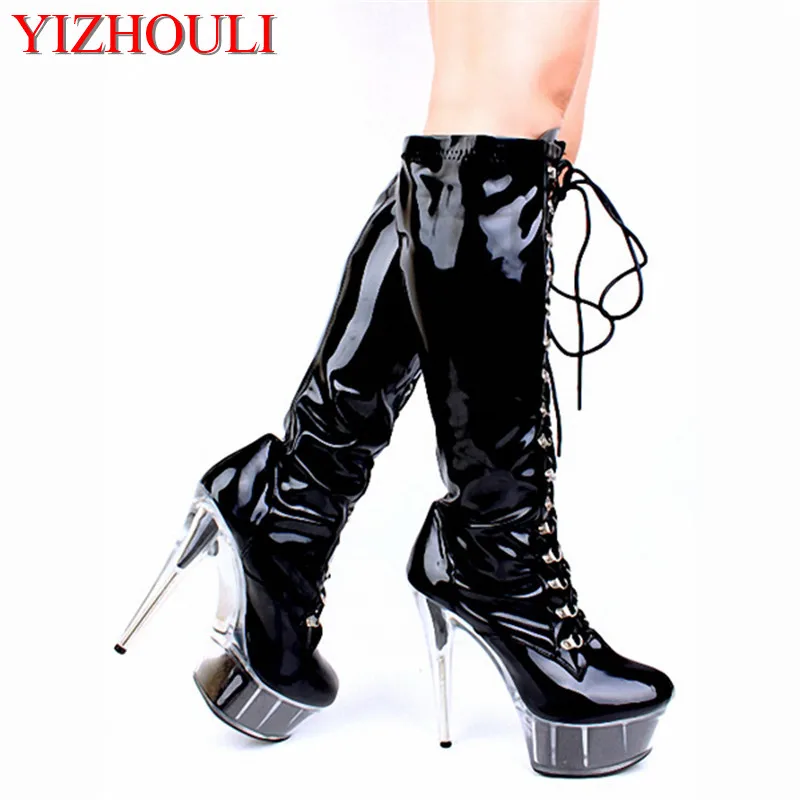 Lacing sexy bride crystal boots 15cm high-heeled shoes steel pipe dance shoes sexy clubbing 6 inch high boots for women