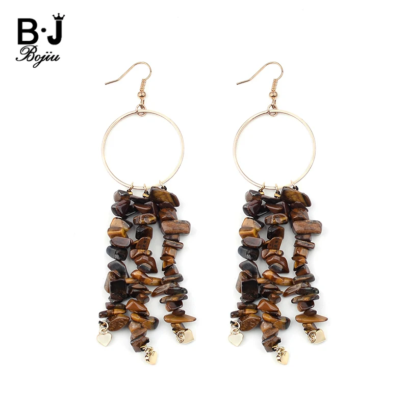 BOJIU Fashion Long Tiger Eye Tassel Big Hoop Gold Drop Earrings For Women Bohemian Natural Stone Heart Dangle Earring Lady EA062