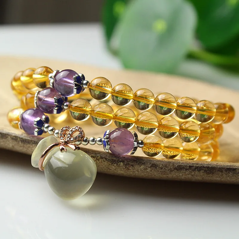 JoursNeige Yellow Natural Crystal Bracelets 6mm Beads Lucky Money Bag Pendant Bracelet for Women Multilayer Bracelet Jewelry