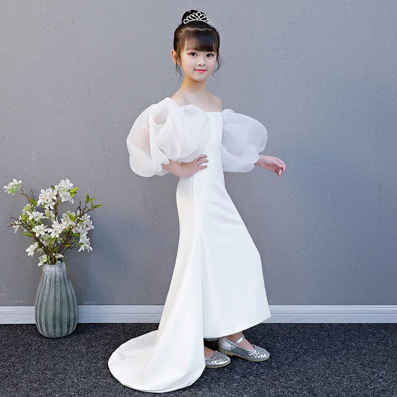 White Mermaid Dress Age for 3- 14 Yrs Teenage Girls Vintage Noble Graduation Gowns Evening Party Kids Irregular Christmas Frocks