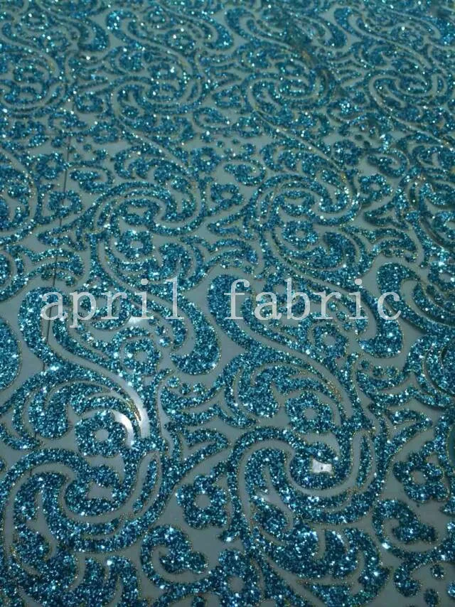 hh006 african glued glitter blue gold  luxury fancy shining sequin fabric for sawing /lady dress fast shipping