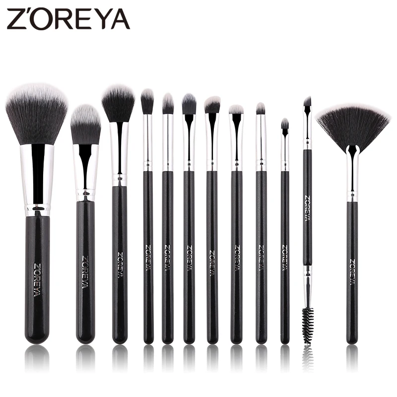 Zoreya Brand 12Pcs Comfortable Synthetic Hair Profession Black Makeup brushes Powder Foundation Blush Small Fan Make Up Set