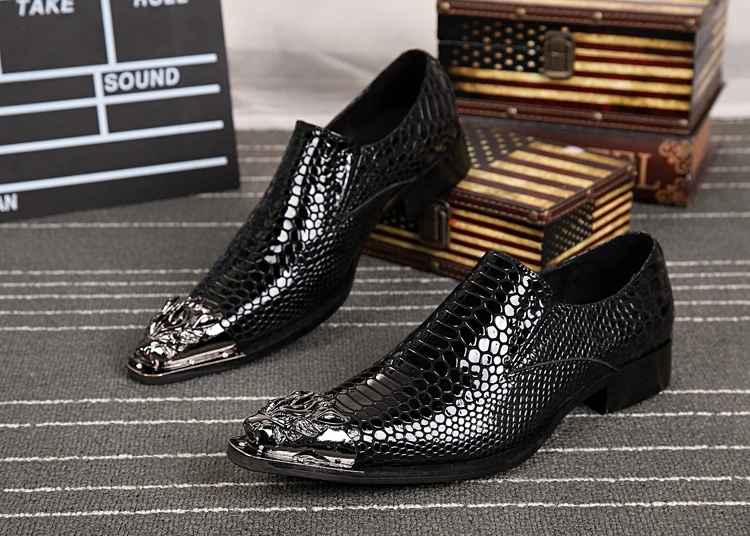 

Luxury Brand Italian Shoes Men Leather Loafers Gold Steel Toe Metallic Mens Shoes High Heels Snake Skin Dress Wedding Shoes male