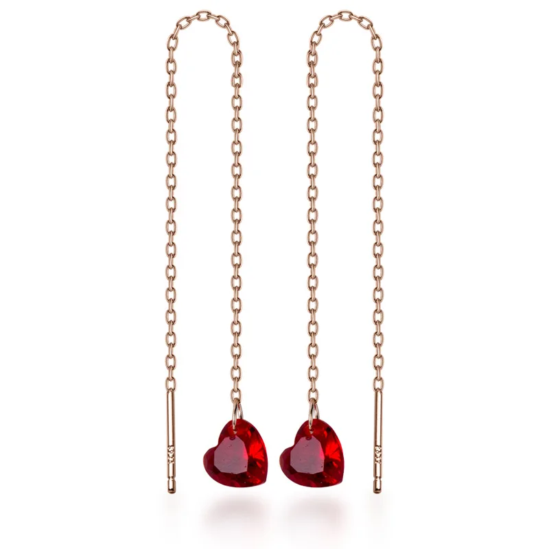 MloveAcc Genuine 925 Sterling Silver Red Heart Drop Earrings for Women Long Chain Heart Earrings Drop Sterling Silver Jewelry