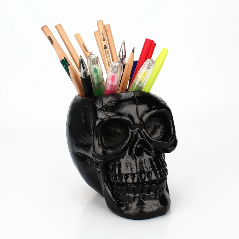 Black Desk Skull Resin Storage Box Tube Creative Canine Skull Table Statue Decoration Home Office Organizers Makeup Pen Holder