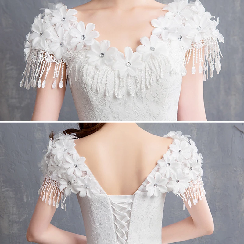 Robe De mariée Simple et élégante en dentelle, motif De fleurs 3D, col en v, manches bouffantes, en Tulle, grande taille