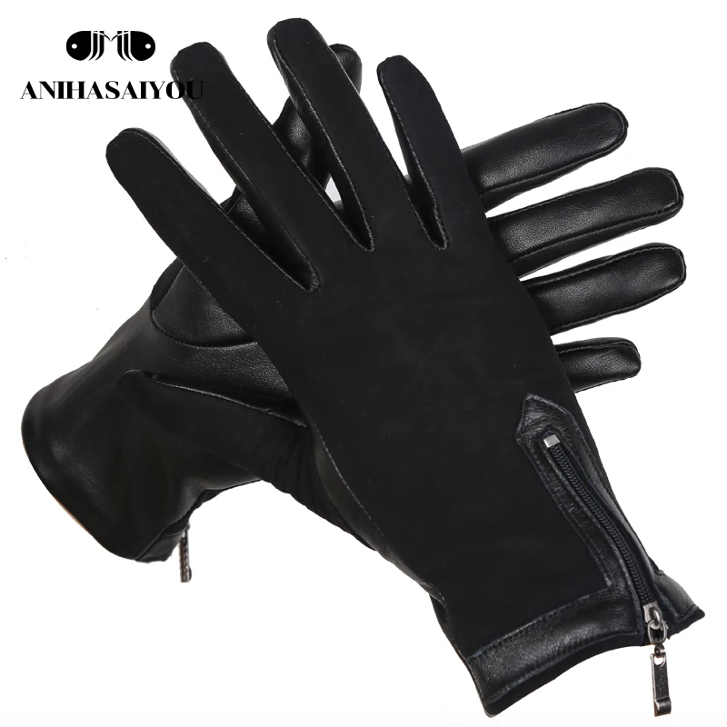 Zipper short women\'s leather gloves,High grade sheepskin women\'s winter gloves,Matte leather black women\'s gloves - 0716