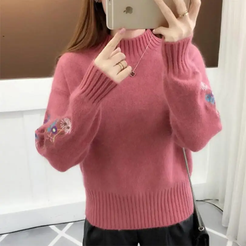 Inverno spesso caldo bellissimo ricamo dolcevita maglione donna manica lunga maglia Pullover maglione femminile Pull Femme maglioni