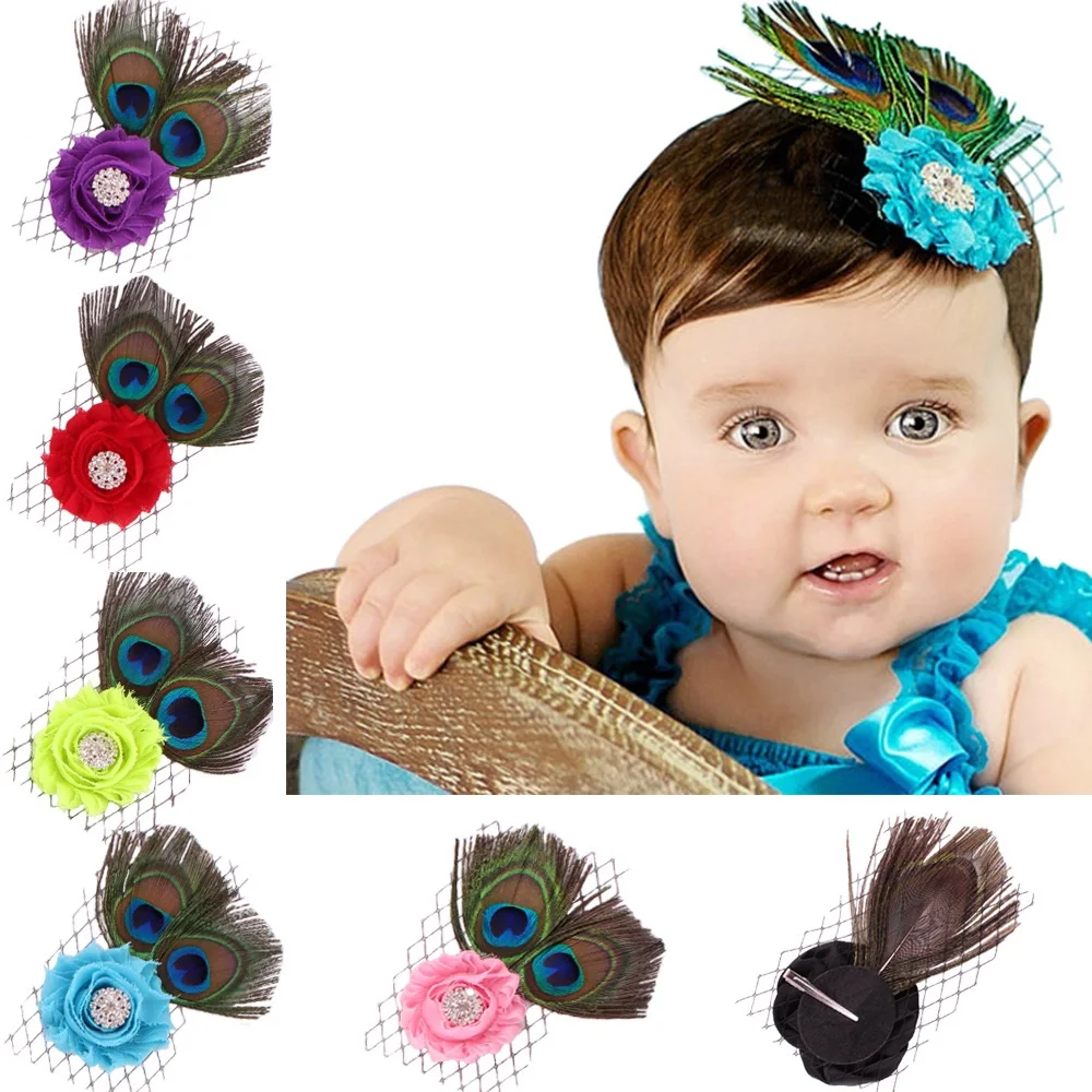 Peacock Feather Baby Girls Hairbands Floral Headbands Barrettes Children Elastic Hair Bands Kids Hair Accessories Mesh Beret