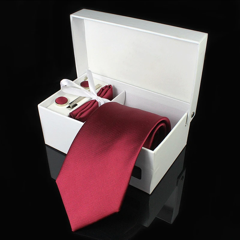 Mens Tie ผ้าไหม 8cm เนคไทผ้าเช็ดหน้า Cufflinks ชุดของขวัญสีแดงสีเหลือง TIES สำหรับผู้ชายธุรกิจแต่งงานของขวัญ PARTY