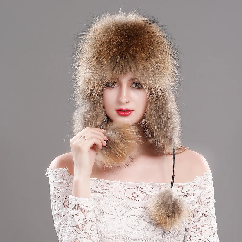 

Russian Fox Fur Hat Winter Real Raccoon Fur Aviator Hat Women's 100% Natural Leather Warm Hat Free Shipping