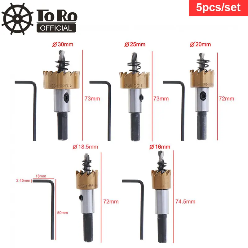 TORO 5pcs HSS Drill Bit Drilling Hole Cut Tool with 16/18.5/20/25/30mm Hole Saw Cutter  for Installing Locks Door Knobs