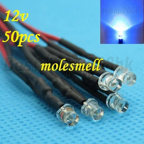 

Free shipping 50pcs 3mm 12v Flat Top Blue LED Lamp Light Set Pre-Wired 3mm 12V DC Wired 3mm big/wide angle blue 12v led