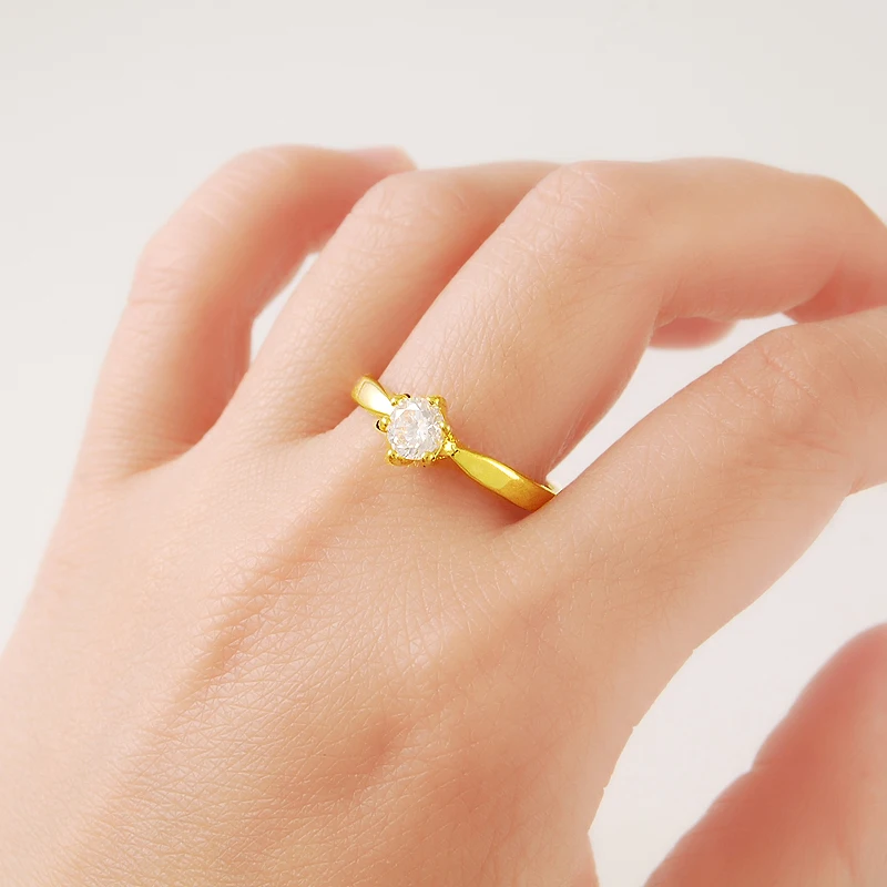 Pure Gold Color Women\'s Finger Ring,24K Gold Plated Simple Wedding Ring with Cubic Zirconia for Ladies Women Jewelry