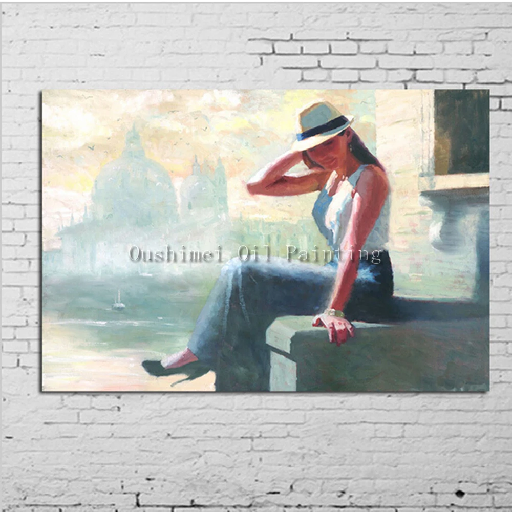 Free Shipping Hand Painted Modern Wall Artwork Unique the Couple Romance Kiss in Love With Red Umbrella Oil Painting on Canvas