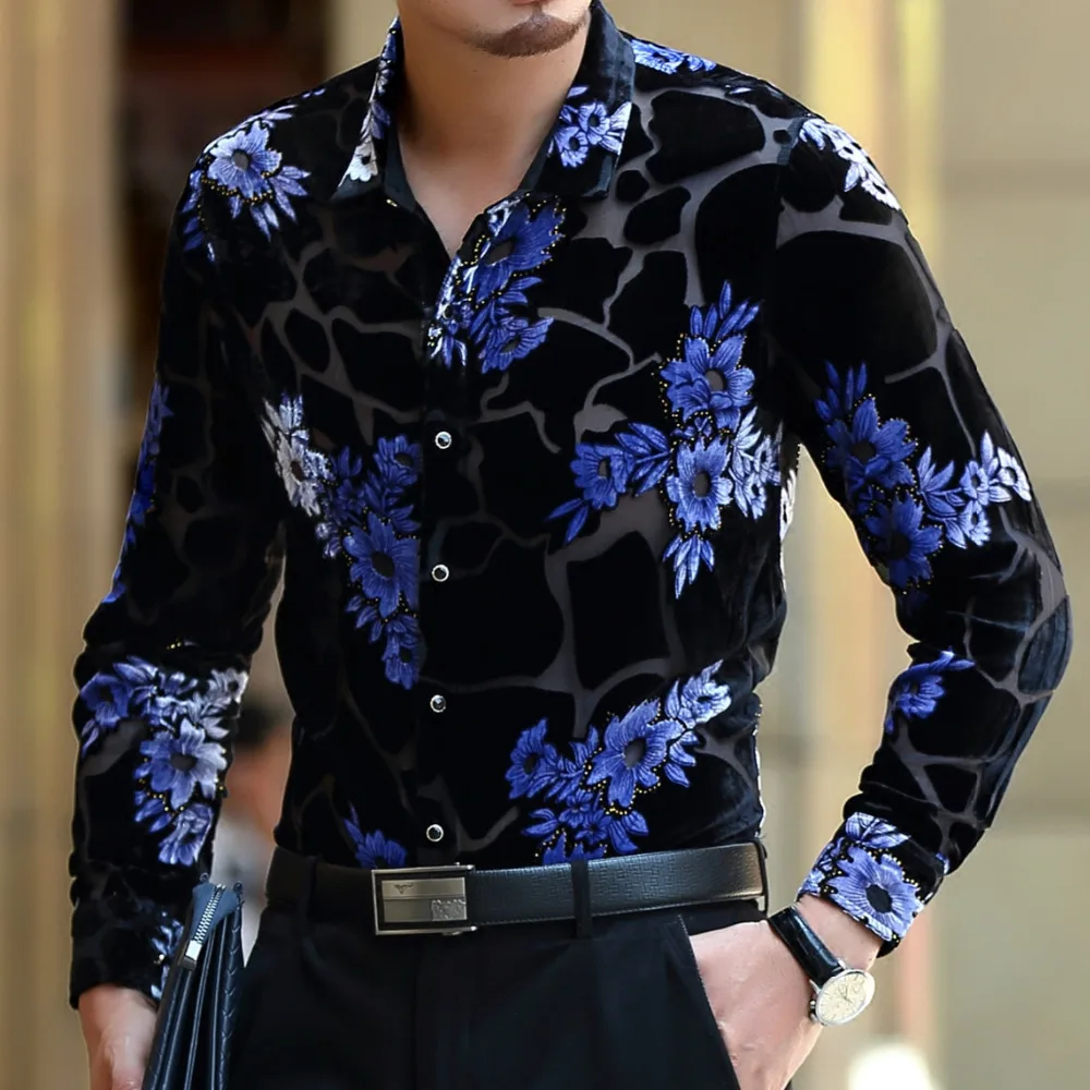 High-End Silk Floral Shirts For Men Long Sleeved Hollow Casual Summer Top Quality Soft Comfortable Transparent Camisas De Hombre