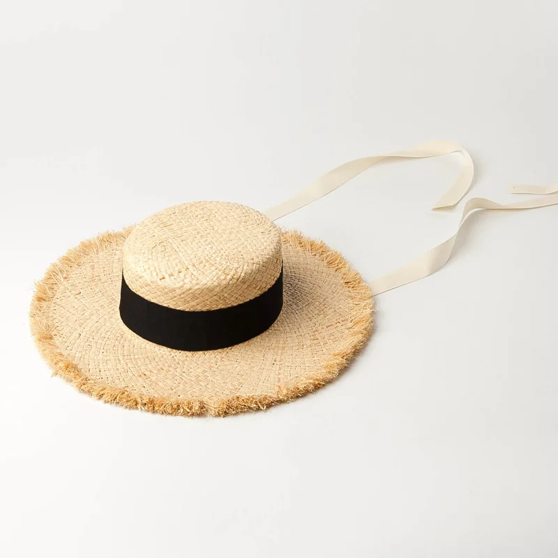 USPOP New summer hats thickened raffia sun hats hand-woven lace-up straw hats rough edges flat top beach hat