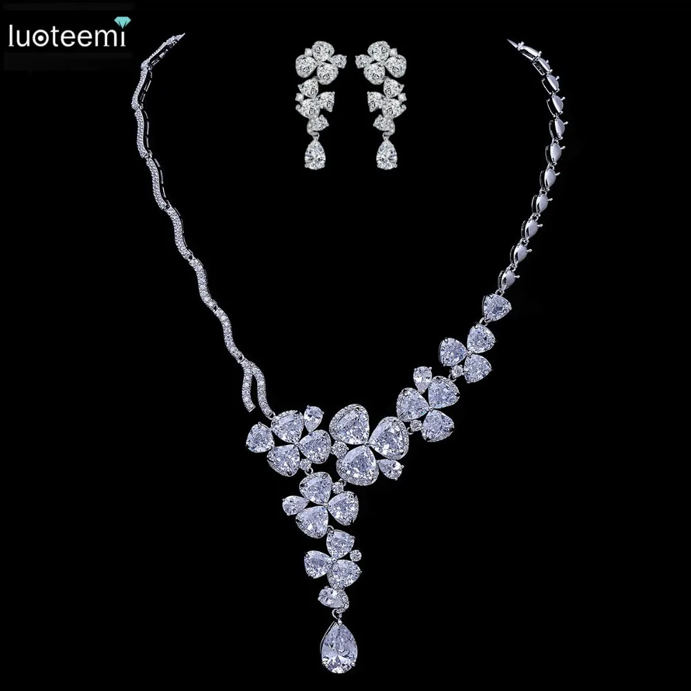 

LUOTEEMI 2016 Newest Flower Shaped Statement Romantic Style Fashion Necklace Earring Jewelry Sets For Bridal Wedding Jewelry