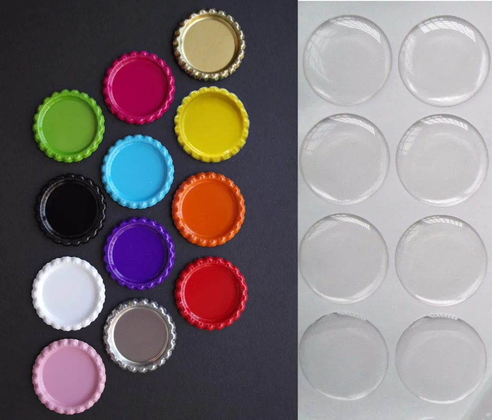 Promotion 1200Pcs 1'' 25.4mm Both Side Colored Flattened Bottle Caps With 1200 Pcs Clear Epoxy Stickers Seal Stickers Domes