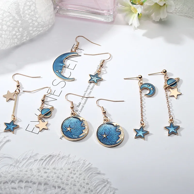 New Pop Unique Charm Blue Space Planet Moon Star Earrings For Women geometric Asymmetry Long Universe Drop Earrings