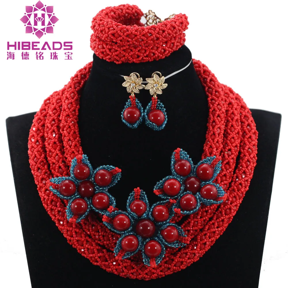 

Fashion New Teal Blue Flower Brooch Pendant Women Jewelry Set Popular Red African Fashion Beads Jewelry Sets Free ShippingABH405