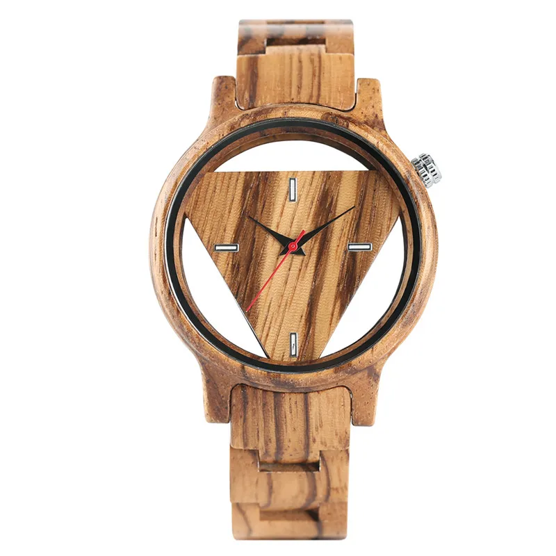 Unique Inverted Geometric Triangle Wood Watch Men Women Creative Hollow Dial Full Wooden Quartz Wristwatch Reloj de madera 2020