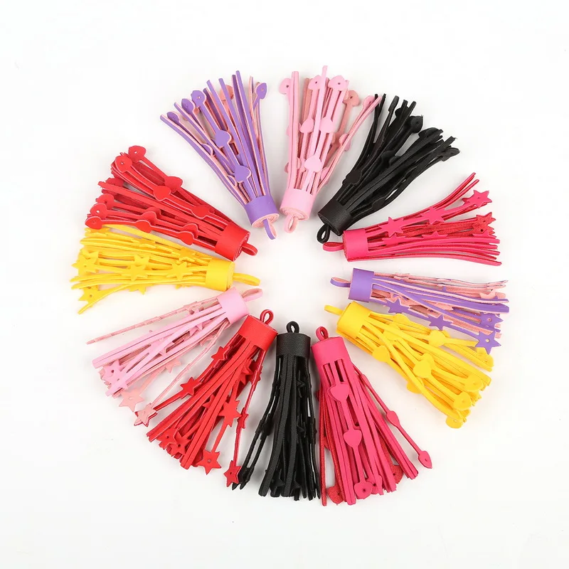 2Pcs 7 Colors Star Heart Faux Imitation Leather Tassel Charm For DIY Car Phone Key Chain Bag Charms Makings Small Decoration