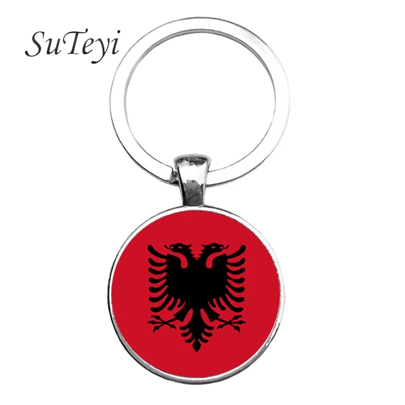 Albania Estonia Flag Key Chain Jewelry Round Glass Cabochon Pendant Car Handbag Keychain For Men Women