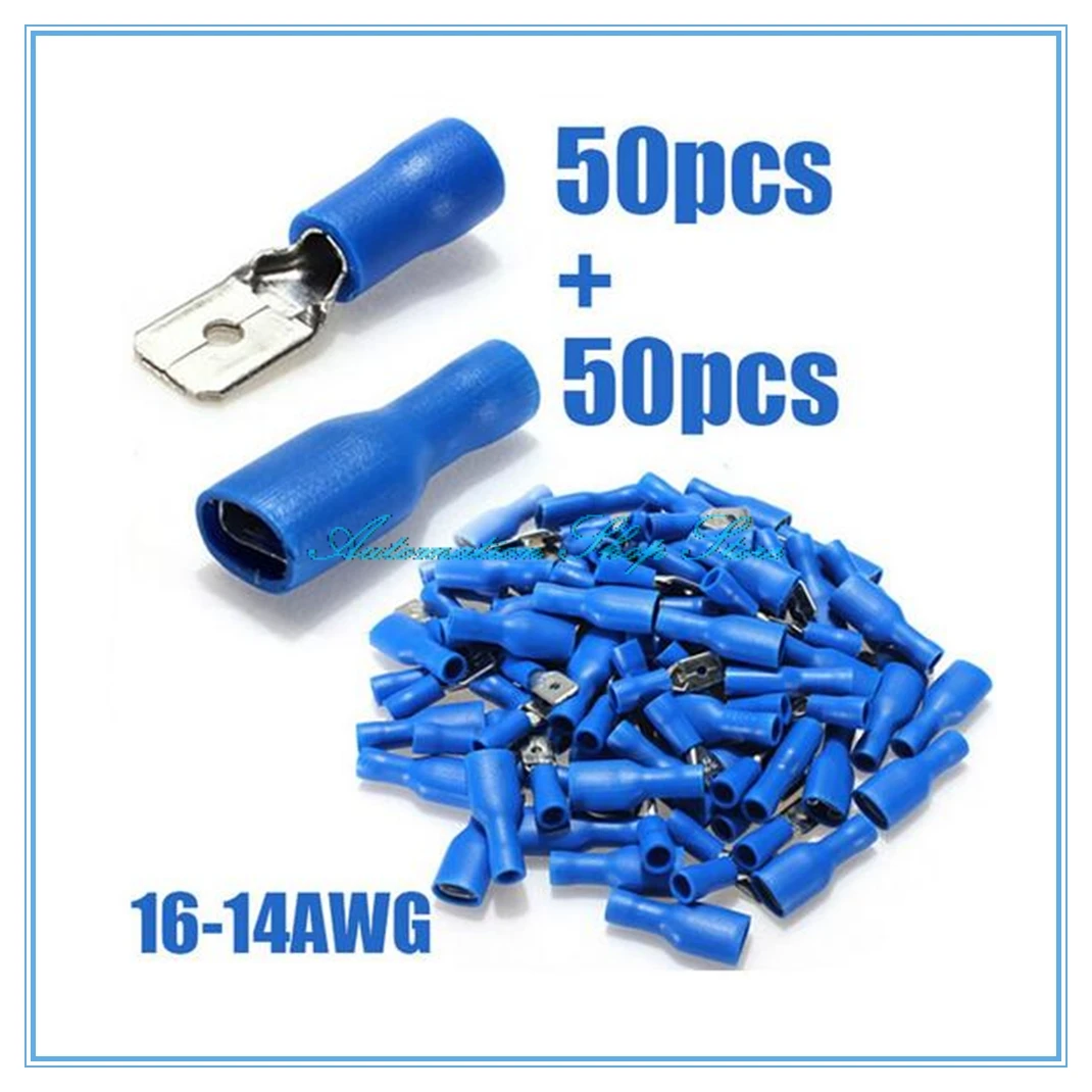 100PCS 16-14AWG Insulated Spade Crimp Wire Cable Connector Splice Terminal 50/Male+50/Female Kit Insulated Spade Connectors