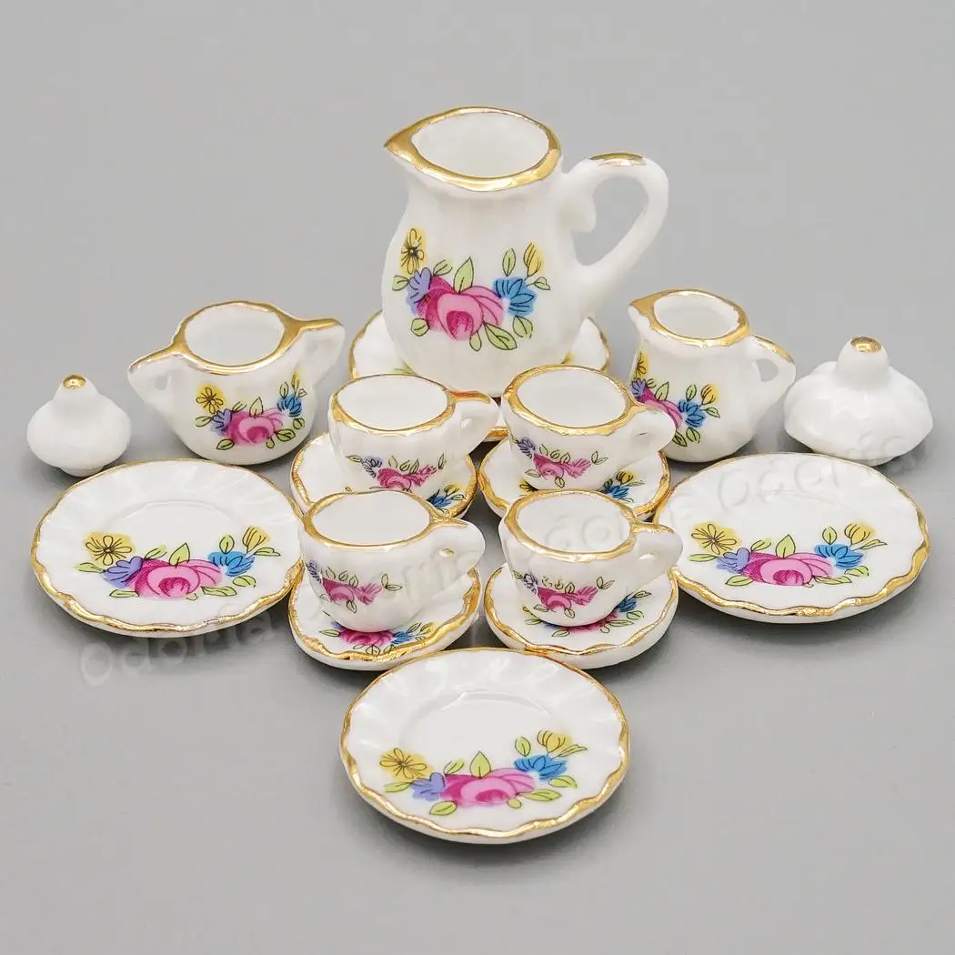 Odoria 1:12 Miniature 15PCS Tea Cup Set Pink Rose Golden Trim Porcelain Tableware Kit Teapot Kitchen Dollhouse Accessories Decor