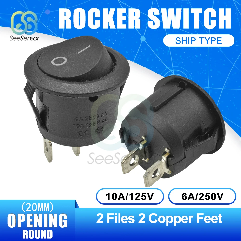 5 개/몫 20mm 미니 라운드 로커 스위치 플라스틱 푸시 버튼 스위치 6A 250VAC 10A 125VAC ON-OFF ON-OFF-ON 2Pin 3Pin