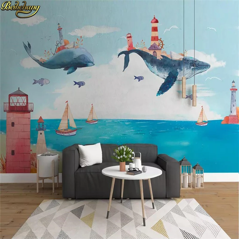 beibehang Nordic creative watercolor wall paper Mediterranean ocean whale children's room background wallpapers for living room