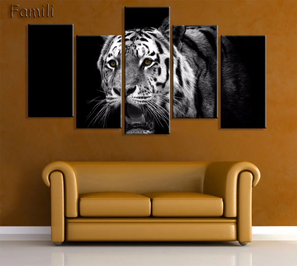 5Piece Real Canvas Painting 5 Pieces Canvas Wall Art High Quality Tiger Painting On Bright Pictures For Living Room