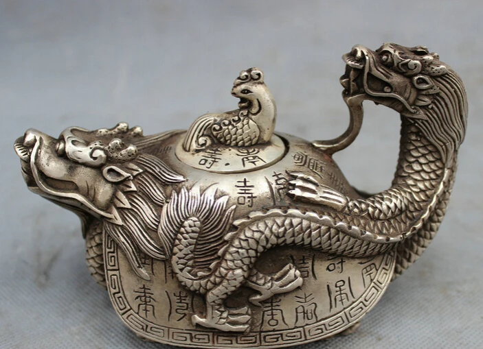 song voge gem S2548 Chinese Silver Longevity Shou Dragon Turtle Phoenix Statue Incense Burner Censer