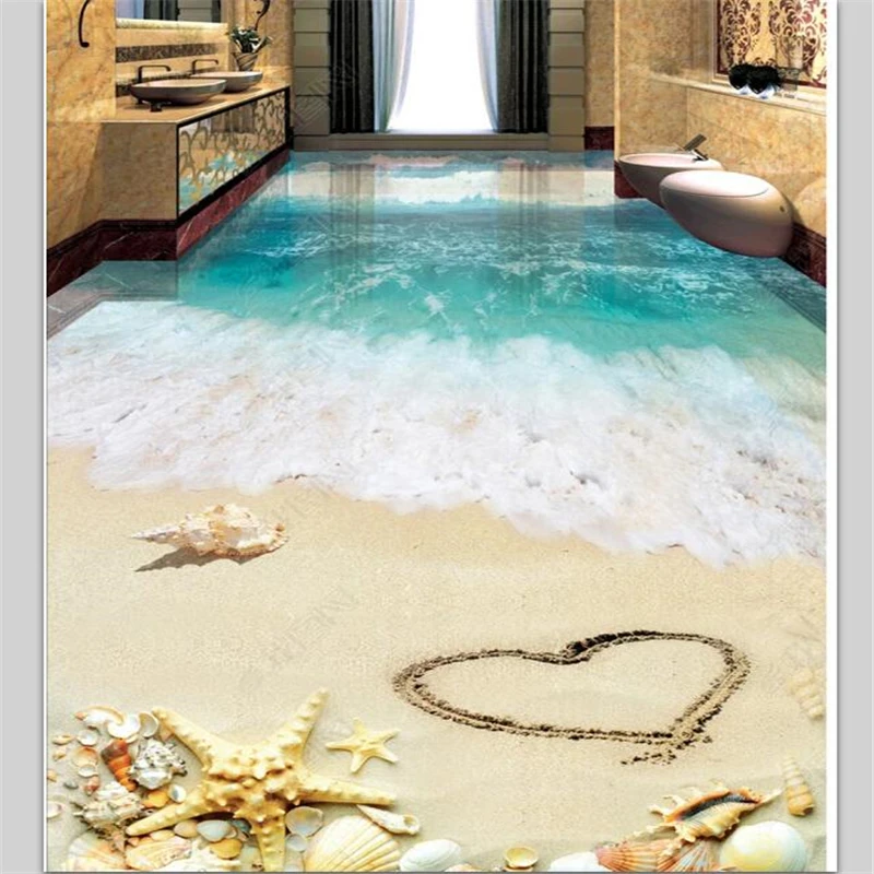 beibehang Custom floor painting 3d romantic beach starfish shell bathroom 3D floor tile floor painting papel de parede wallpaper