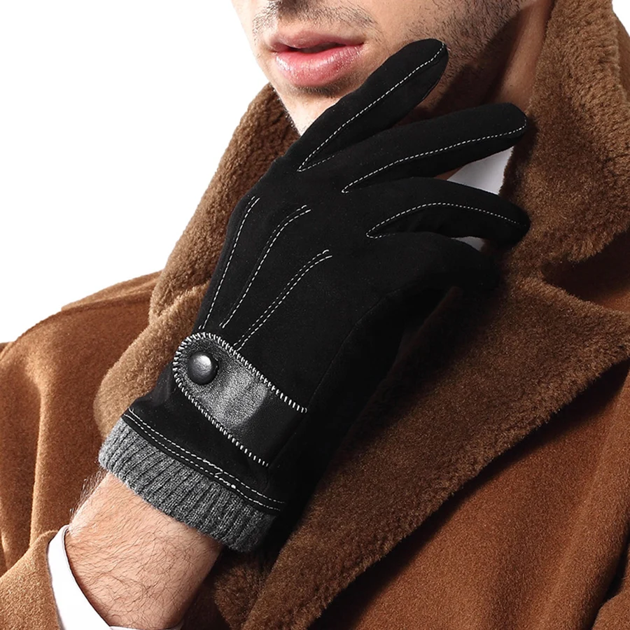 Fashion Men's Gloves Fall / Winter Lambskin Suede Genuine Lambskin Gloves Men's Warm Black Leather Gloves 9006-5