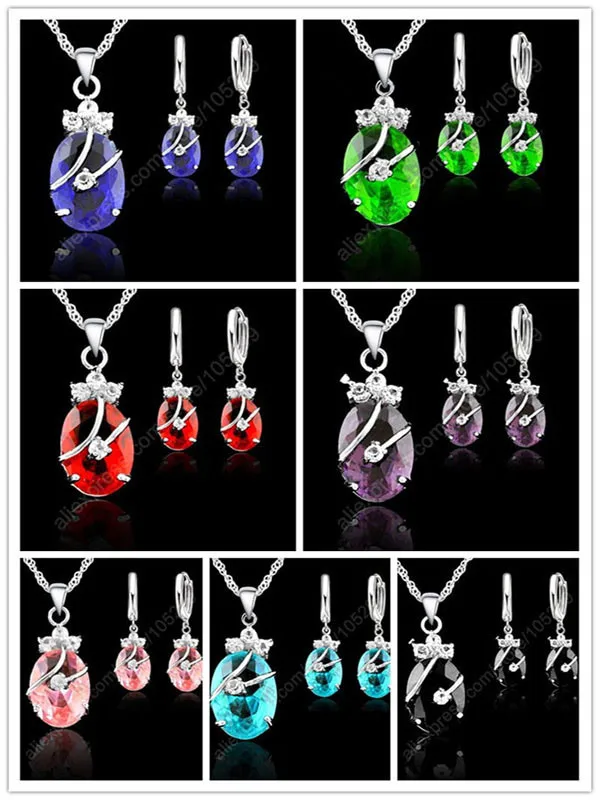 Charming Newest 925 Sterling Silver Women Jewelry Sets Austrian Crystal Waterdrop Pendant Necklace Earrings Wedding Sets