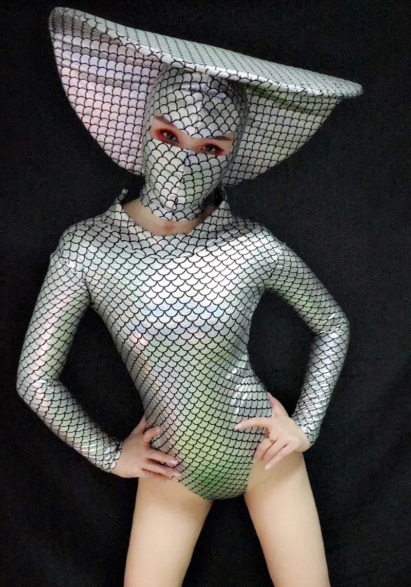 Silver Laser Fish Scale Pattern Mermaid Skinny Bodysuit Mask Big Headgear Female Dance Costume Club Bar Party Show Stage Outfit