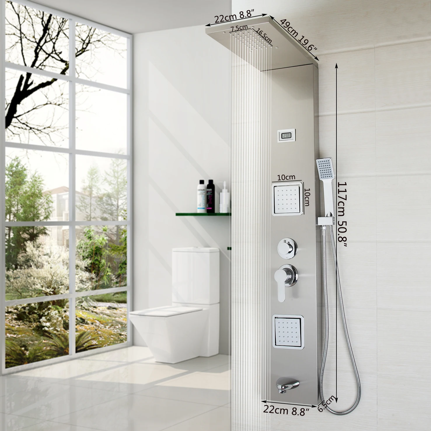 Torayvino UK Bathroom Shower set chuveiro Luxury Column Shower Panel Hand Shower Massage Jets Brushed Nickel Plate Shower Faucet