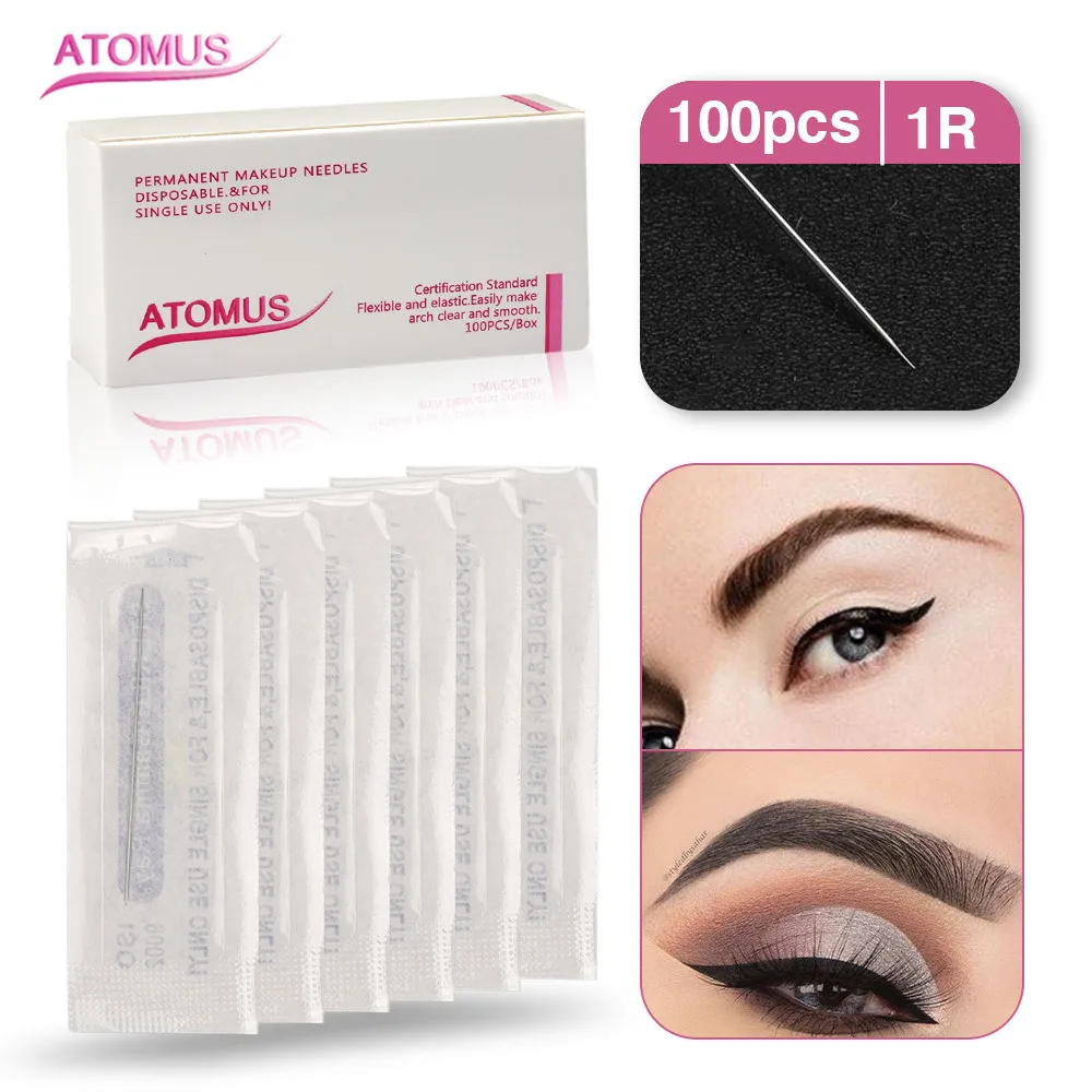 ATOMUS – Semi-aiguilles de tatouage 1R, 100 pièces, aiguilles de maquillage Permanent, Microblading, ombrage, Piercing